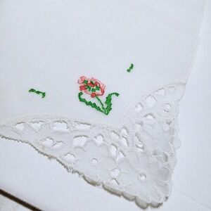 Vtg Floral Embroidered Handkerchief Laced Corner Cottagecore Pink & Green Flower